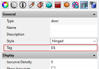 VisualARQ door properties panel with the tag field highlighted and with a value of D1