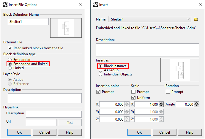 The Rhino 6 insert tool dialogs, on the left the Insert File Options dialog with the embedded and linked option selected and on the right the insert dialog with the as block instance option selected.