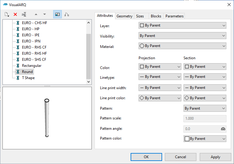 The VisualARQ 2 column styles dialog with a Round column style selected.