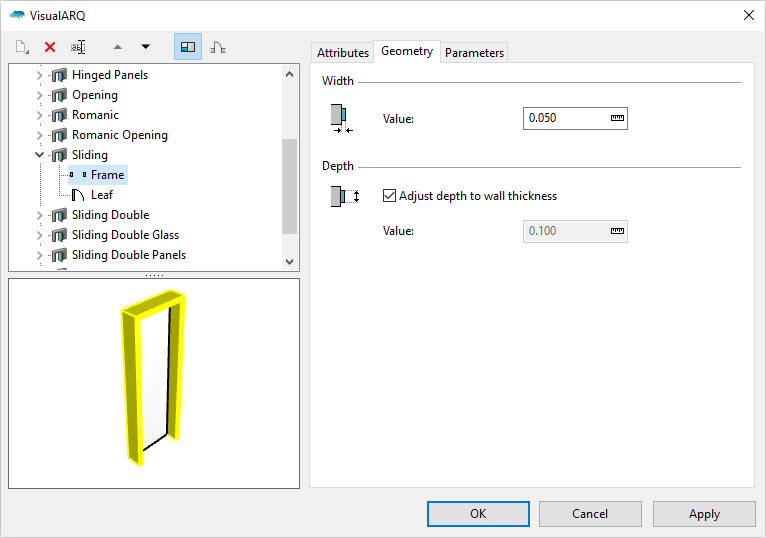 The VisualARQ 2 door styles dialog with a sliding door style selected.